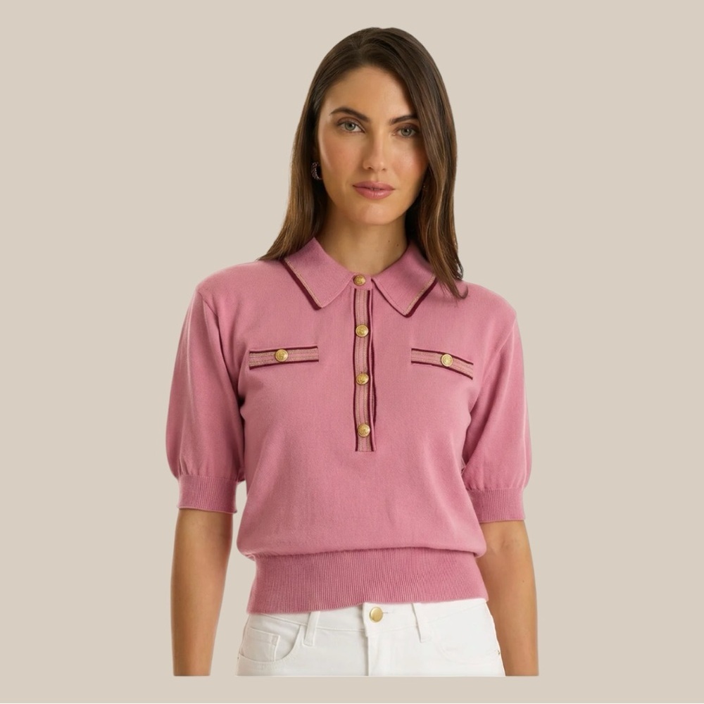 Dusty Rose Pink Short-Sleeve Polo Sweater with Gold Trim - Picture 3 of 3